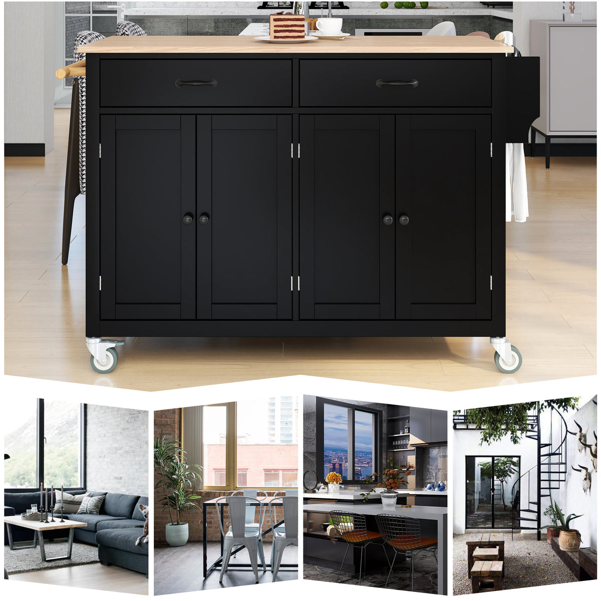variant-group:rf-n707wf286911aab|Roomfitters Kitchen Island Cart with Solid Wood Top - 4 Door Cabinet, Two Drawers, Adjustable Shelves, Spice & Towel Rack, 2 Locking Wheels (Black)