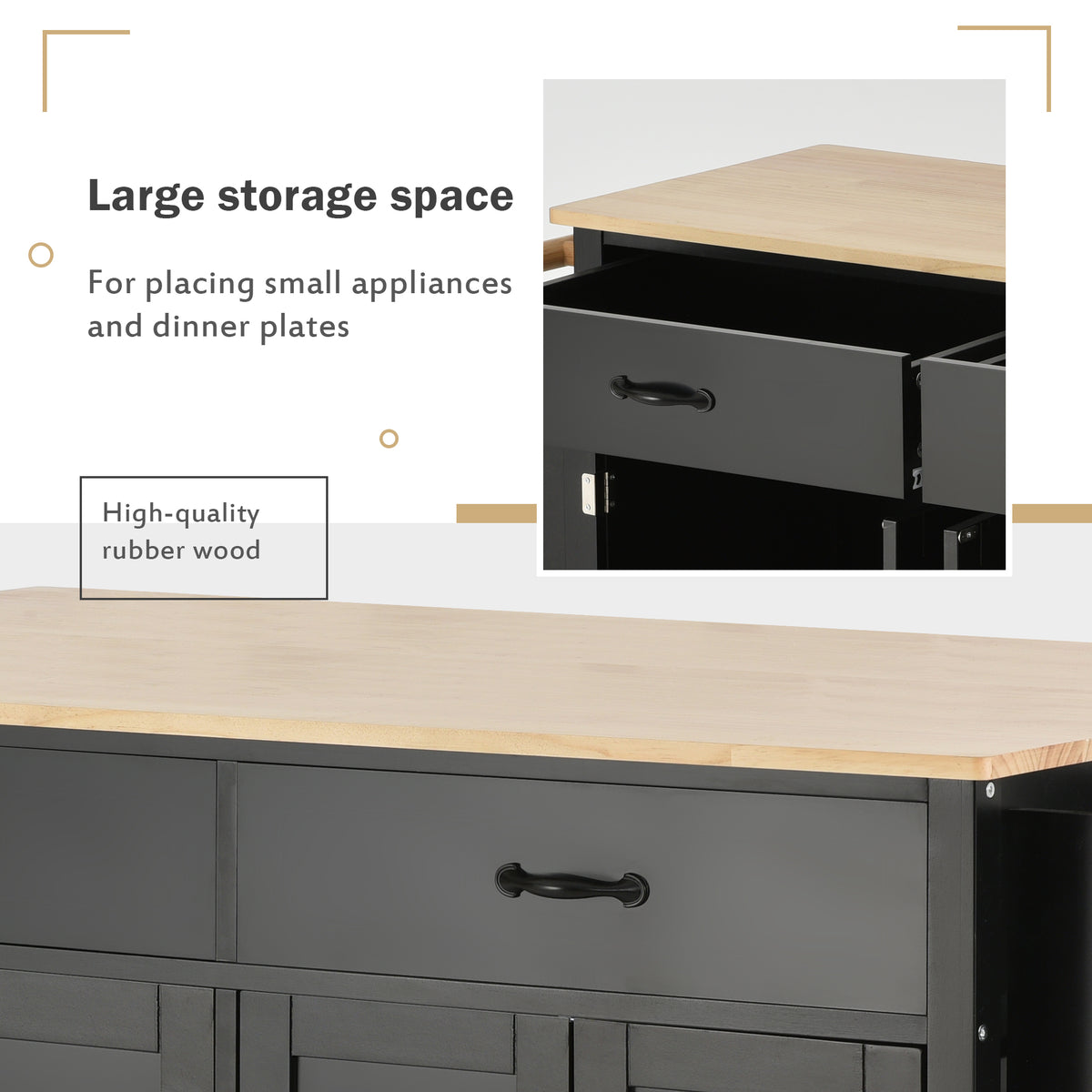 variant-group:rf-n707wf286911aab|Roomfitters Kitchen Island Cart with Solid Wood Top - 4 Door Cabinet, Two Drawers, Adjustable Shelves, Spice & Towel Rack, 2 Locking Wheels (Black)