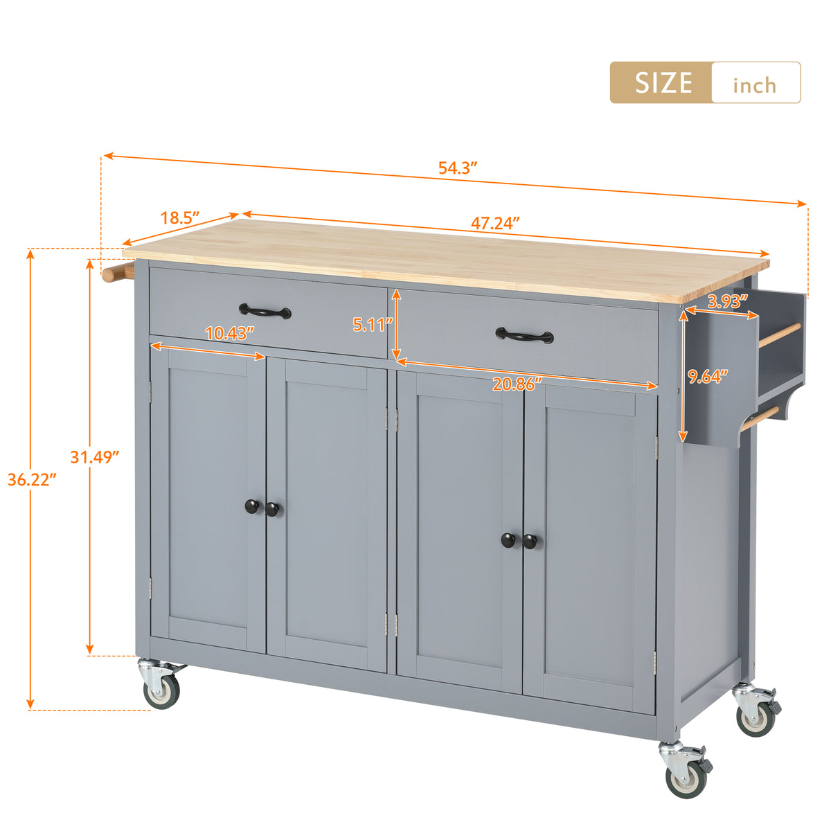 variant-group:rf-n707wf286911aag|Roomfitters Kitchen Island Cart with Solid Wood Top - 4 Door Cabinet, Two Drawers, Adjustable Shelves, Spice & Towel Rack, 2 Locking Wheels (Blue)