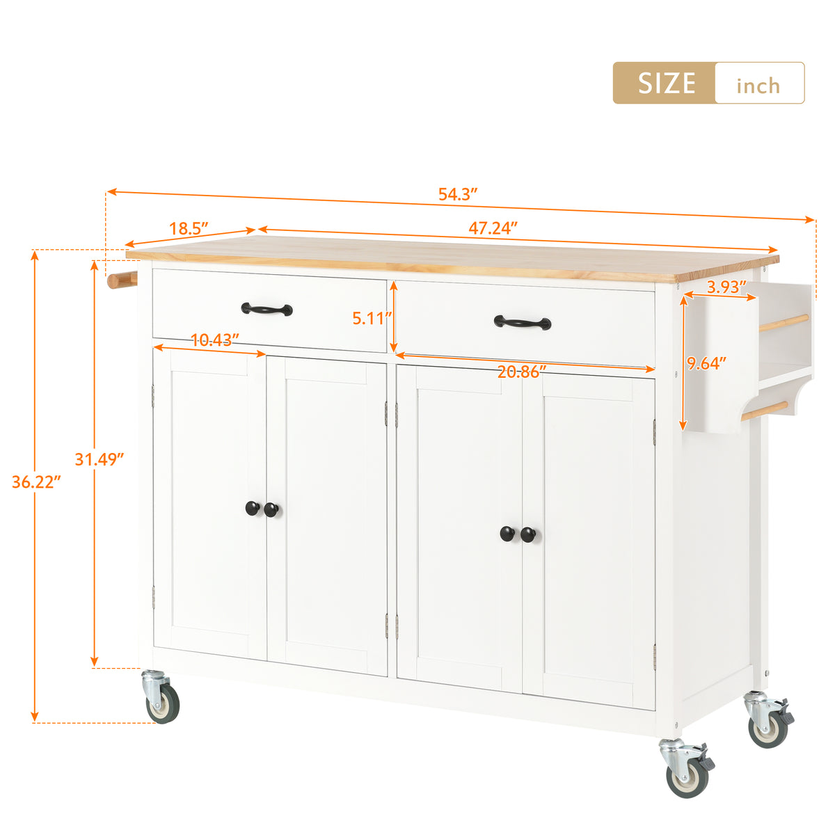variant-group:rf-n707wf286911aaw|Roomfitters Kitchen Island Cart with Solid Wood Top - 4 Door Cabinet, Two Drawers, Adjustable Shelves, Spice & Towel Rack, 2 Locking Wheels (White)