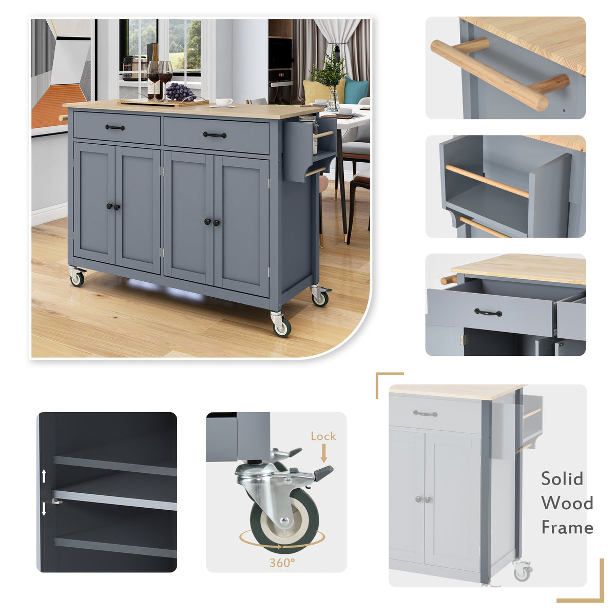 variant-group:rf-n707wf286911aag|Roomfitters Kitchen Island Cart with Solid Wood Top - 4 Door Cabinet, Two Drawers, Adjustable Shelves, Spice & Towel Rack, 2 Locking Wheels (Blue)