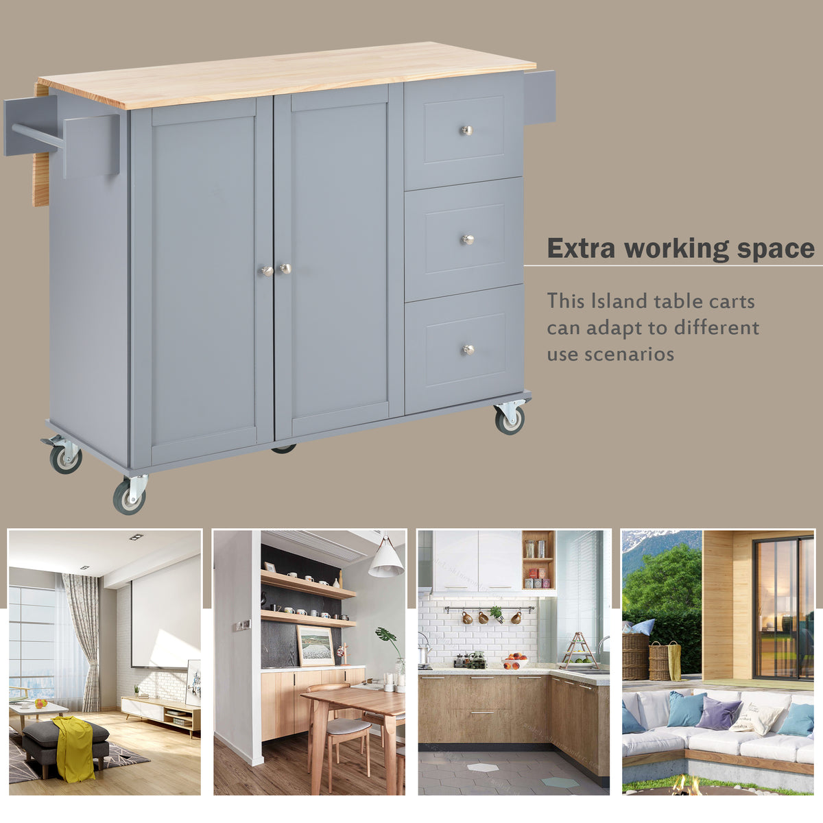 variant-group:rf-n707wf287035aag|Roomfitters Rolling Mobile Kitchen Island with Solid Wood Top and Locking Wheels, 52.7 Inch Width, Storage Cabinet and Drop Leaf Breakfast Bar, Spice Rack, Towel Rack & Drawer (Blue)