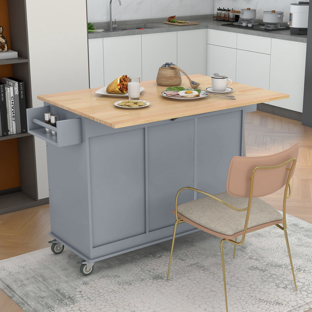 variant-group:rf-n707wf287035aag|Roomfitters Rolling Mobile Kitchen Island with Solid Wood Top and Locking Wheels, 52.7 Inch Width, Storage Cabinet and Drop Leaf Breakfast Bar, Spice Rack, Towel Rack & Drawer (Blue)