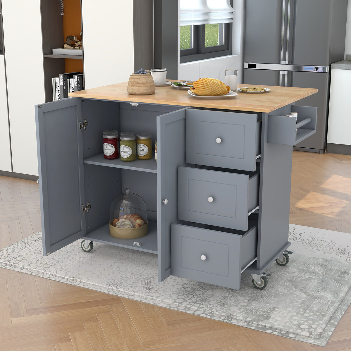 variant-group:rf-n707wf287035aag|Roomfitters Rolling Mobile Kitchen Island with Solid Wood Top and Locking Wheels, 52.7 Inch Width, Storage Cabinet and Drop Leaf Breakfast Bar, Spice Rack, Towel Rack & Drawer (Blue)