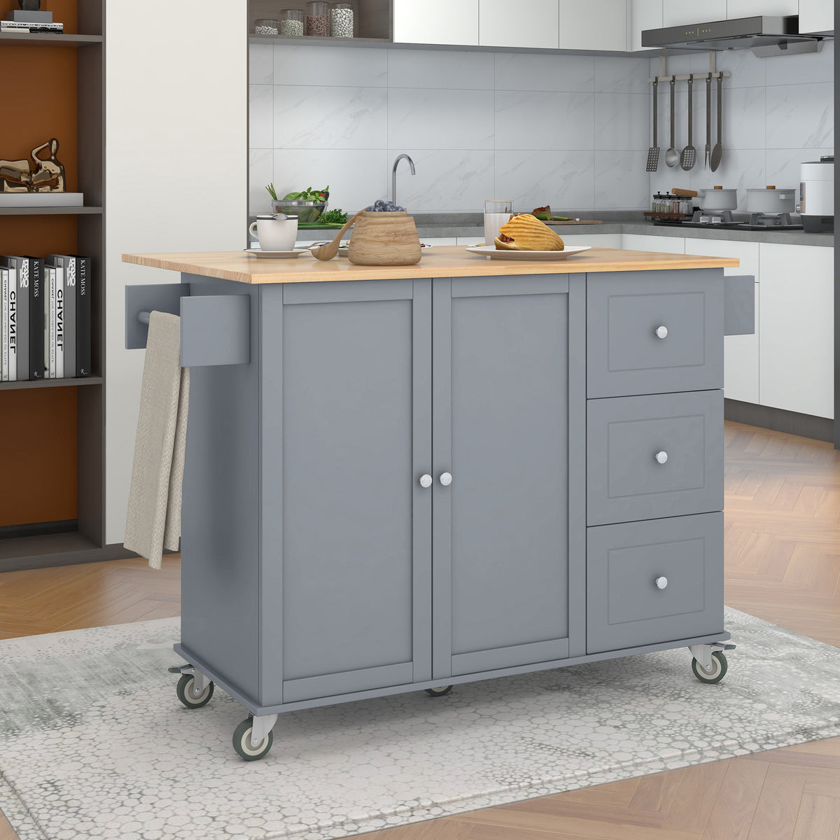 variant-group:rf-n707wf287035aag|Roomfitters Rolling Mobile Kitchen Island with Solid Wood Top and Locking Wheels, 52.7 Inch Width, Storage Cabinet and Drop Leaf Breakfast Bar, Spice Rack, Towel Rack & Drawer (Blue)