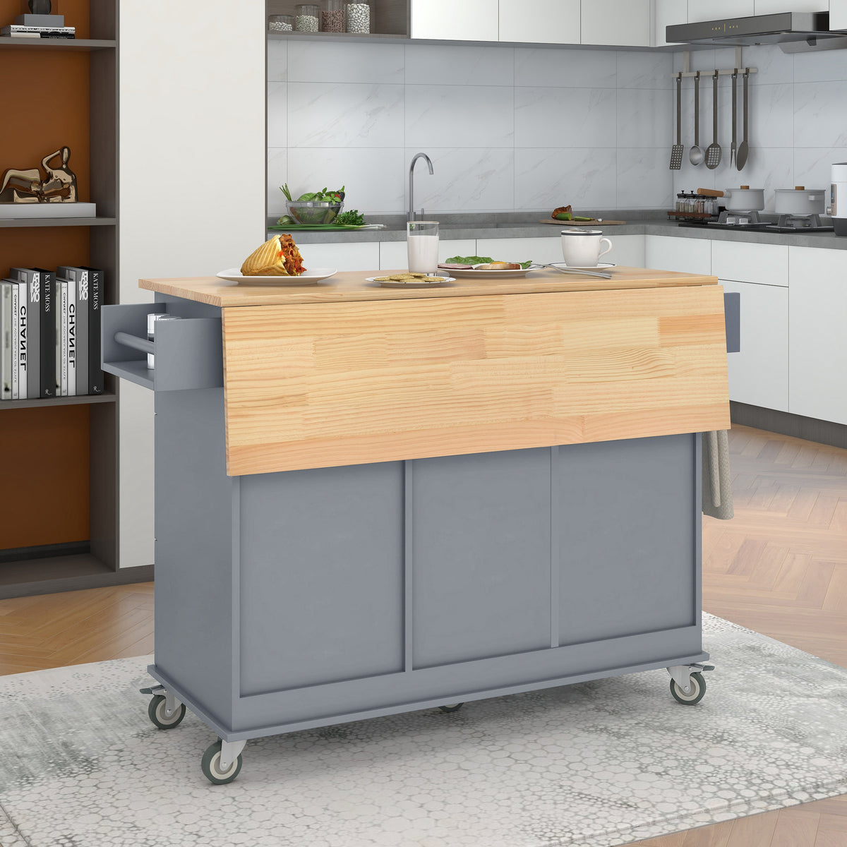 variant-group:rf-n707wf287035aag|Roomfitters Rolling Mobile Kitchen Island with Solid Wood Top and Locking Wheels, 52.7 Inch Width, Storage Cabinet and Drop Leaf Breakfast Bar, Spice Rack, Towel Rack & Drawer (Blue)