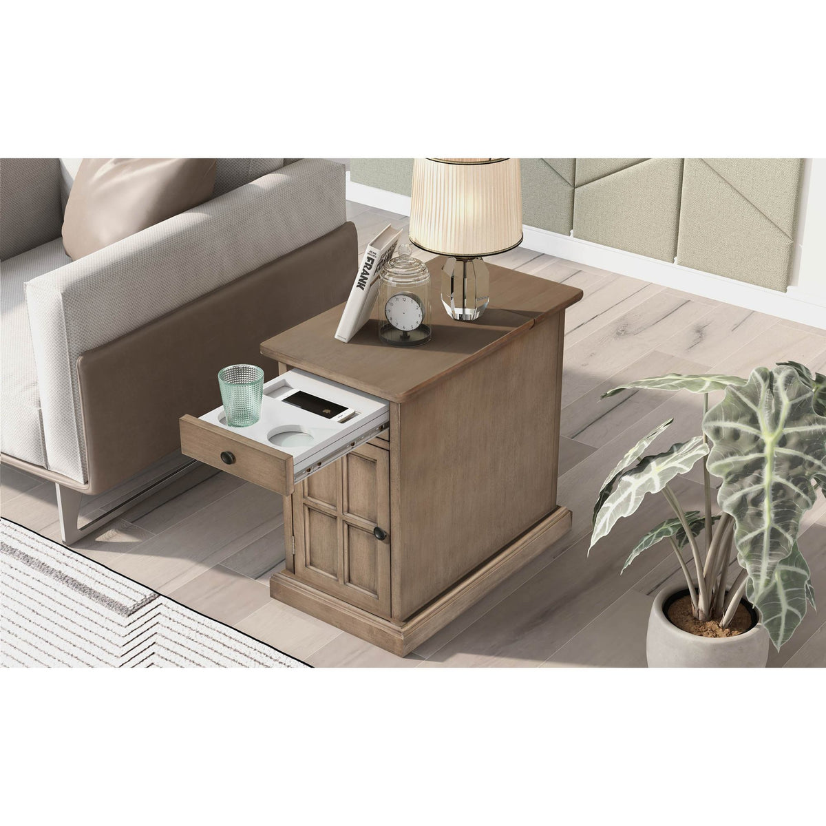 variant-group:rf-n724p185778d|Roomfitters Vintage End Table with USB Ports, Cup Holders and Multifunctional Storage for Living Room, Brown