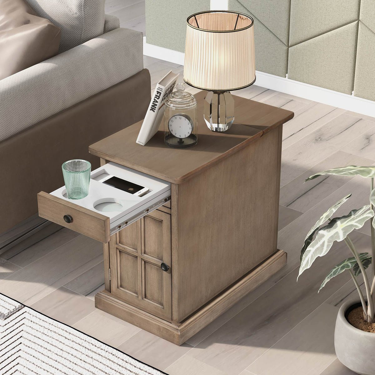 variant-group:rf-n724p185778d|Roomfitters Vintage End Table with USB Ports, Cup Holders and Multifunctional Storage for Living Room, Brown
