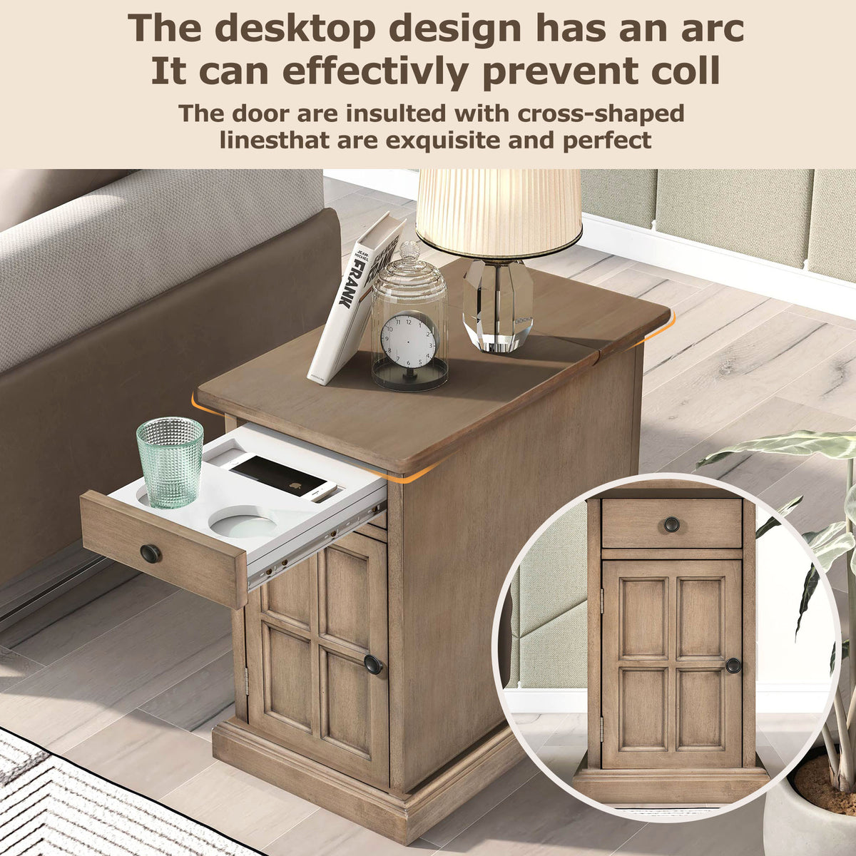 variant-group:rf-n724p185778d|Roomfitters Vintage End Table with USB Ports, Cup Holders and Multifunctional Storage for Living Room, Brown