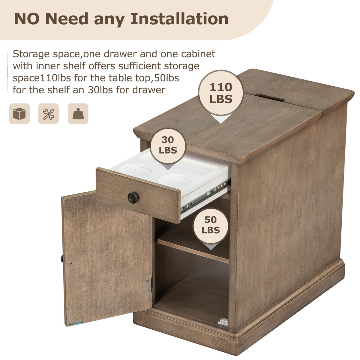 variant-group:rf-n724p185778d|Roomfitters Vintage End Table with USB Ports, Cup Holders and Multifunctional Storage for Living Room, Brown
