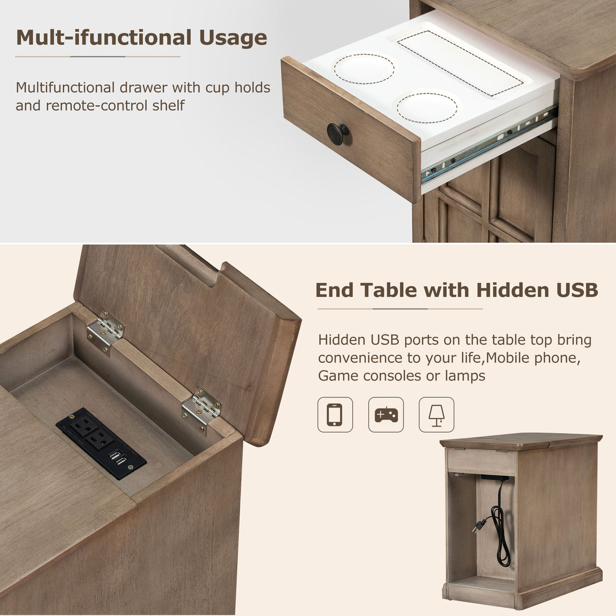 variant-group:rf-n724p185778d|Roomfitters Vintage End Table with USB Ports, Cup Holders and Multifunctional Storage for Living Room, Brown