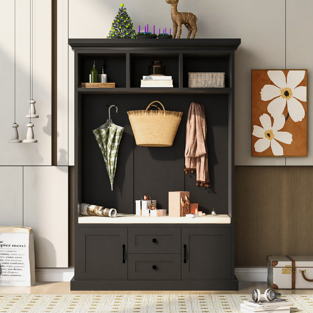 variant-group:rf-n724jy000112aab|Roomfitters 3-in-1 Hall Tree with 3 Hooks, Entryway Coat Hanger and Storage Bench, 47.2" Organizer for Hallway, Black