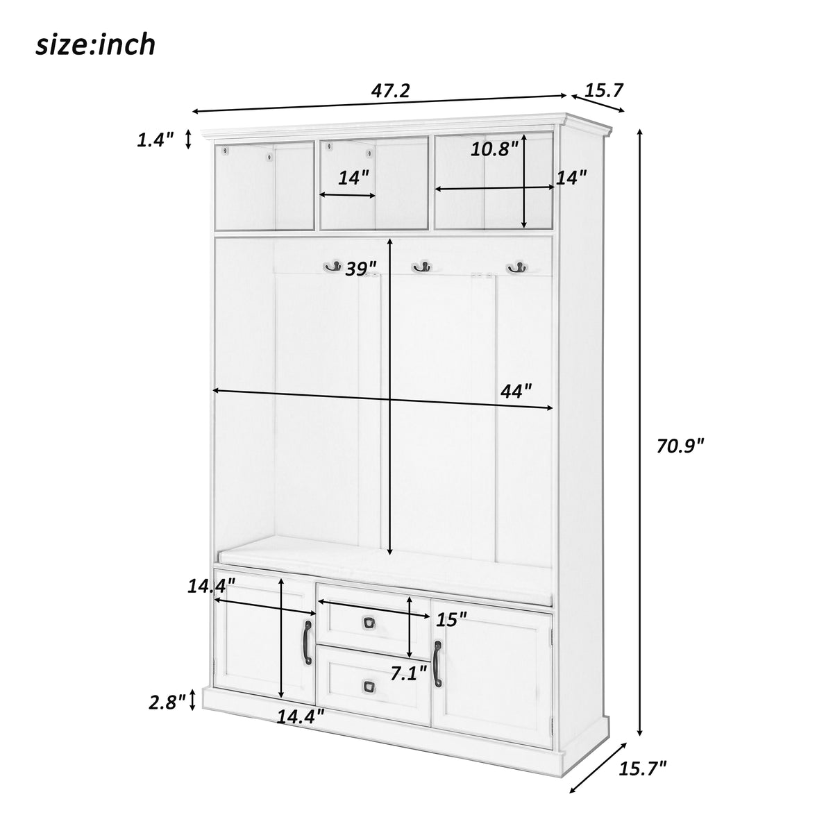 variant-group:rf-n724jy000112aad|Roomfitters 3-in-1 Hall Tree with 3 Hooks, Entryway Coat Hanger and Storage Bench, 47.2" Organizer for Hallway, Brown