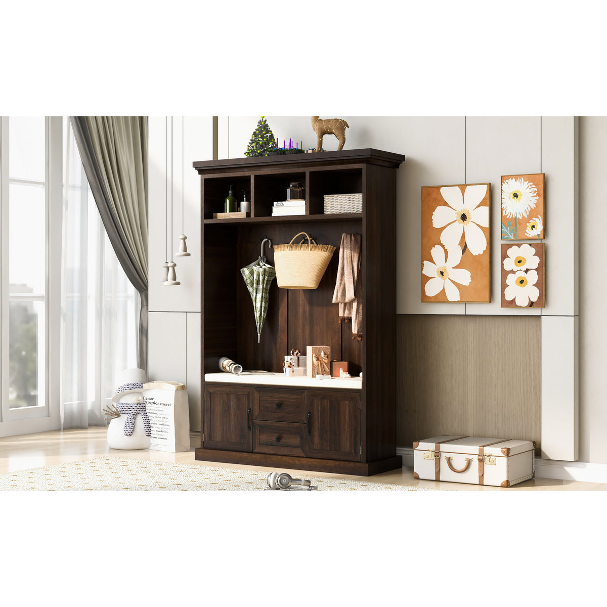 variant-group:rf-n724jy000112aad|Roomfitters 3-in-1 Hall Tree with 3 Hooks, Entryway Coat Hanger and Storage Bench, 47.2" Organizer for Hallway, Brown