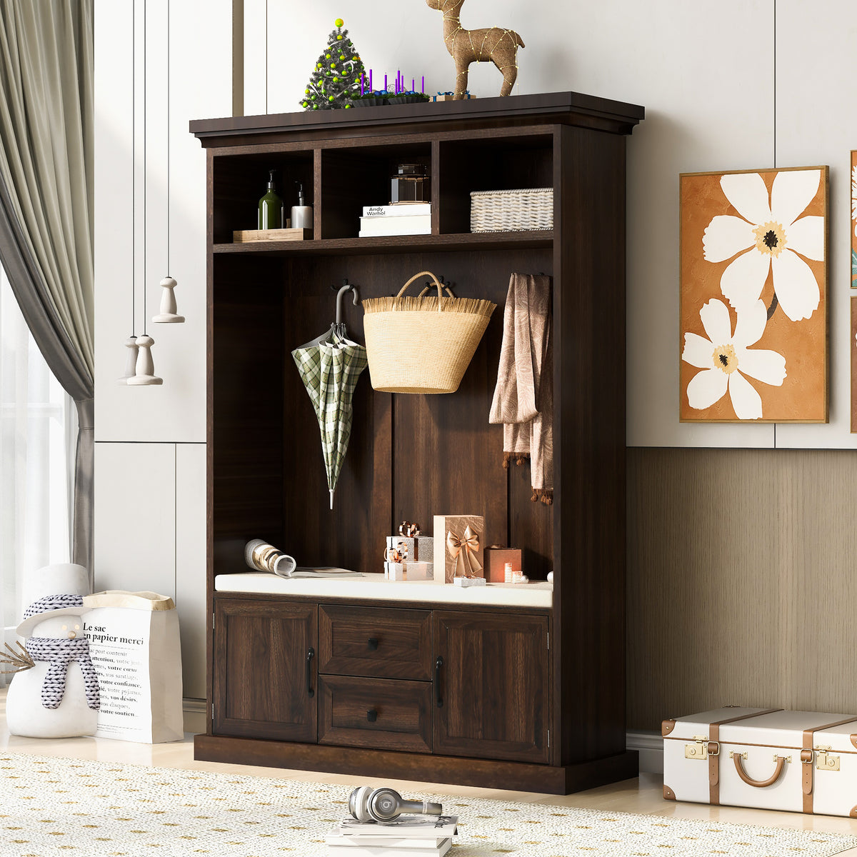 variant-group:rf-n724jy000112aad|Roomfitters 3-in-1 Hall Tree with 3 Hooks, Entryway Coat Hanger and Storage Bench, 47.2" Organizer for Hallway, Brown