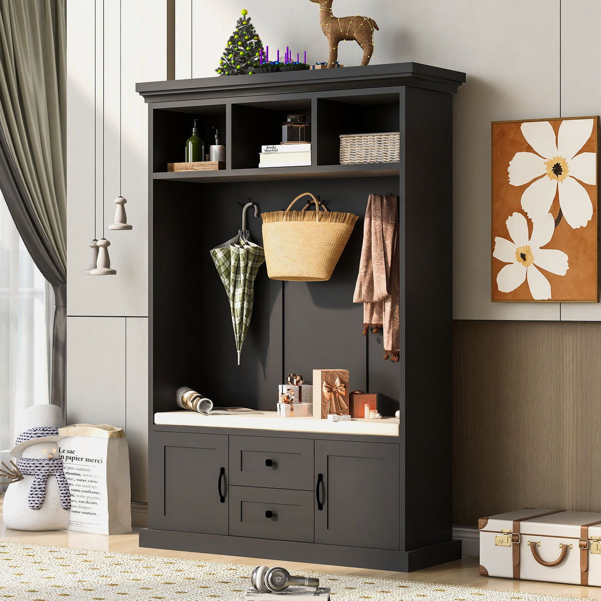 variant-group:rf-n724jy000112aab|Roomfitters 3-in-1 Hall Tree with 3 Hooks, Entryway Coat Hanger and Storage Bench, 47.2" Organizer for Hallway, Black