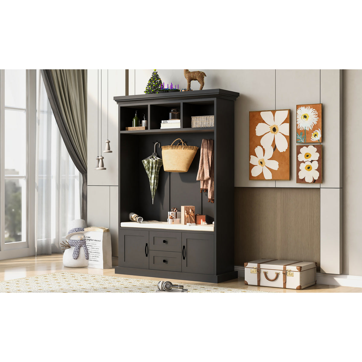 variant-group:rf-n724jy000112aab|Roomfitters 3-in-1 Hall Tree with 3 Hooks, Entryway Coat Hanger and Storage Bench, 47.2" Organizer for Hallway, Black