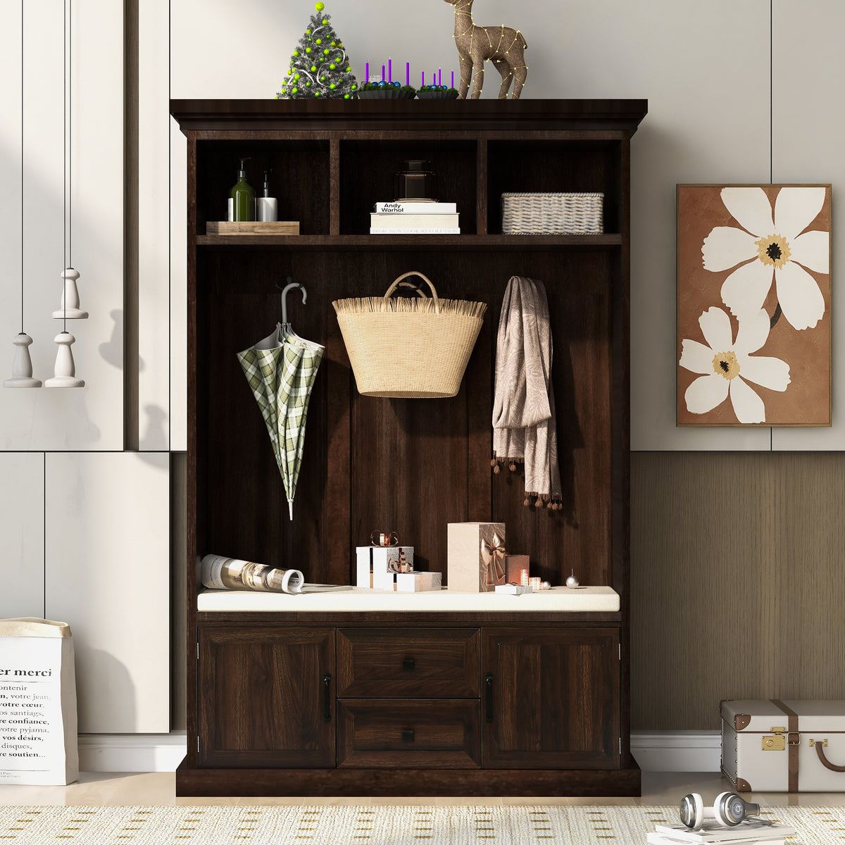 variant-group:rf-n724jy000112aad|Roomfitters 3-in-1 Hall Tree with 3 Hooks, Entryway Coat Hanger and Storage Bench, 47.2" Organizer for Hallway, Brown