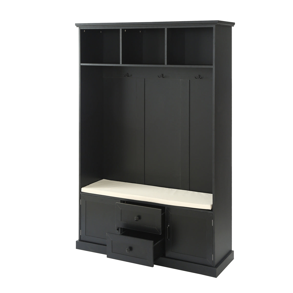 variant-group:rf-n724jy000112aab|Roomfitters 3-in-1 Hall Tree with 3 Hooks, Entryway Coat Hanger and Storage Bench, 47.2" Organizer for Hallway, Black