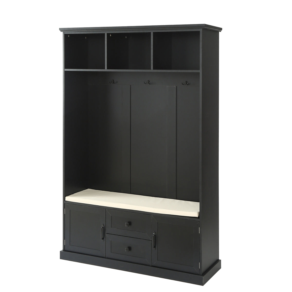 variant-group:rf-n724jy000112aab|Roomfitters 3-in-1 Hall Tree with 3 Hooks, Entryway Coat Hanger and Storage Bench, 47.2" Organizer for Hallway, Black