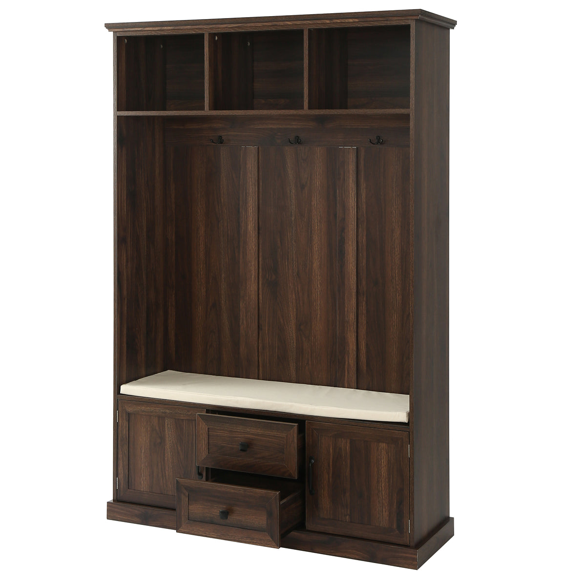 variant-group:rf-n724jy000112aad|Roomfitters 3-in-1 Hall Tree with 3 Hooks, Entryway Coat Hanger and Storage Bench, 47.2" Organizer for Hallway, Brown
