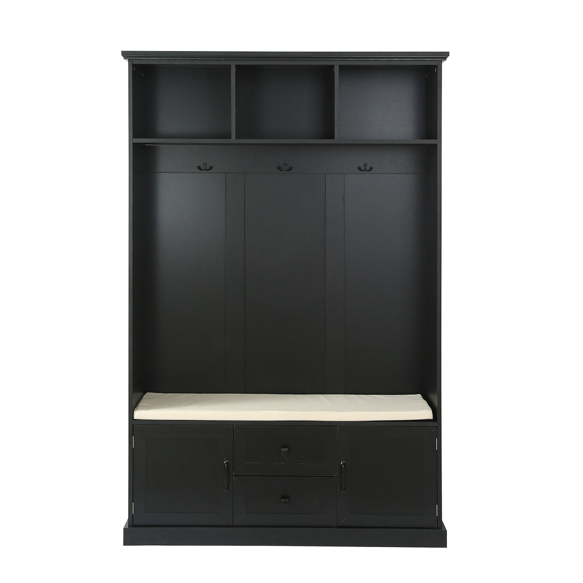 variant-group:rf-n724jy000112aab|Roomfitters 3-in-1 Hall Tree with 3 Hooks, Entryway Coat Hanger and Storage Bench, 47.2" Organizer for Hallway, Black