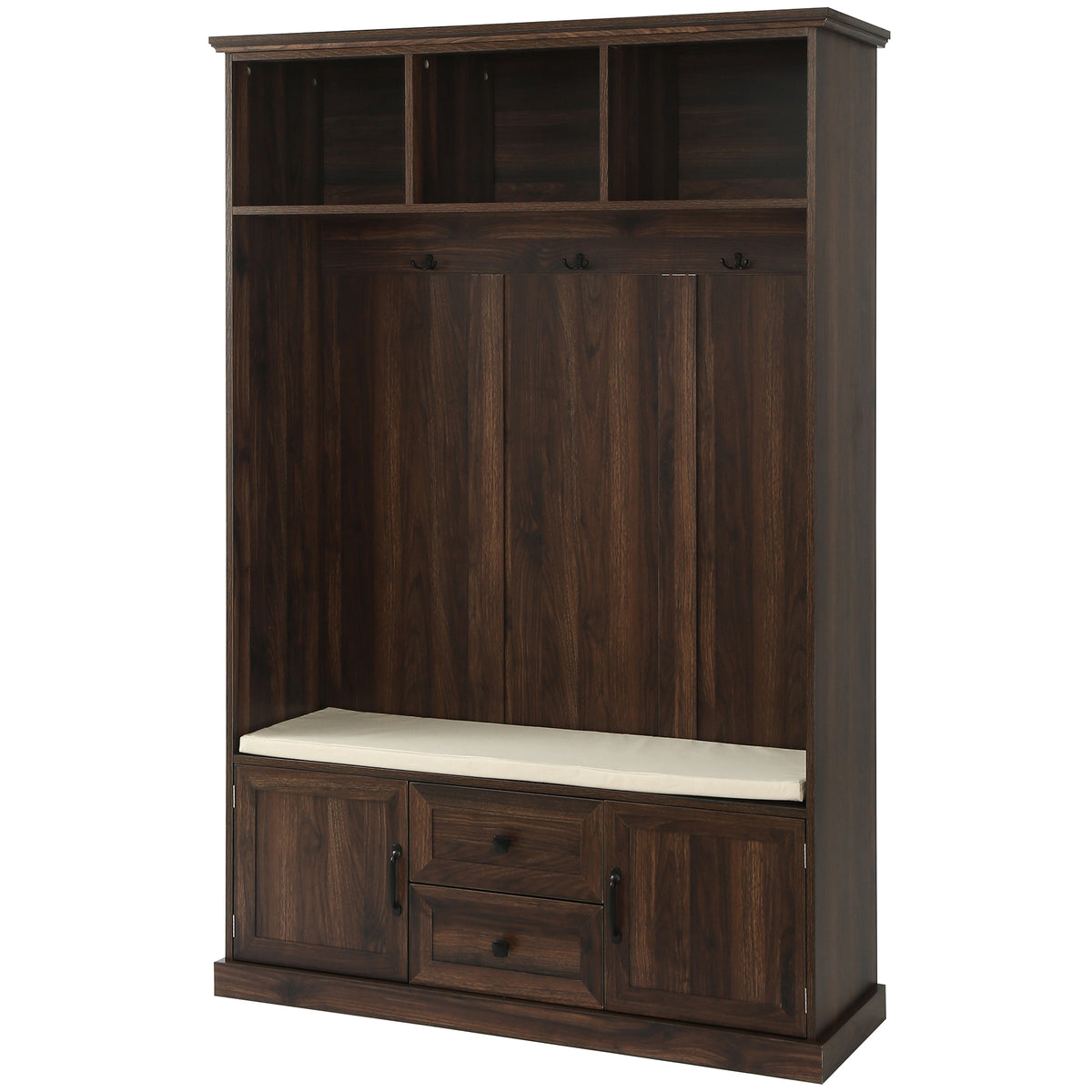 variant-group:rf-n724jy000112aad|Roomfitters 3-in-1 Hall Tree with 3 Hooks, Entryway Coat Hanger and Storage Bench, 47.2" Organizer for Hallway, Brown