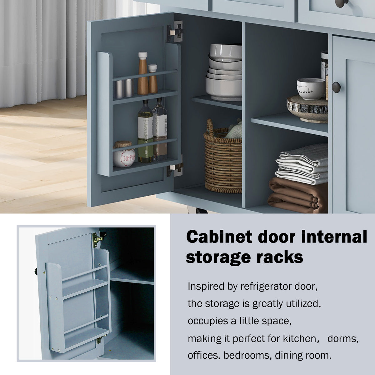 variant-group:rf-n707wf298028aan|Roomfitters Kitchen Cart with Rubber Wood Drop-Leaf Countertop, Cabinet Door Storage Racks, 5-Wheel Kitchen Island with Storage Cabinet & 3 Drawers, Blue