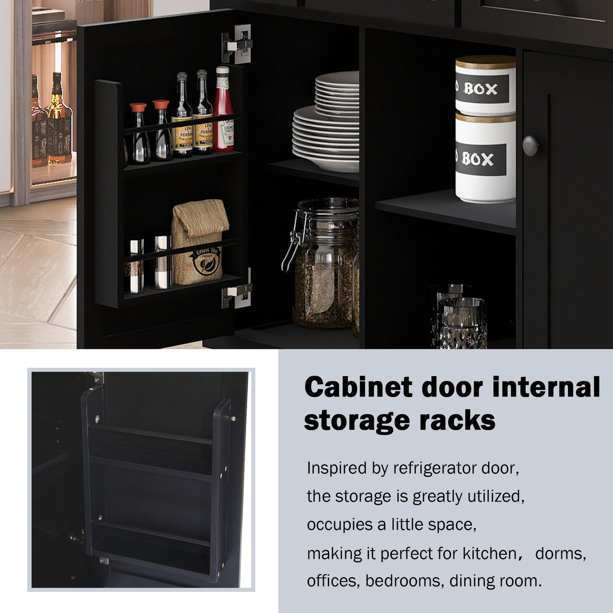 variant-group:rf-n707wf298028aab|Roomfitters Kitchen Cart with Rubber Wood Drop-Leaf Countertop, Cabinet Door Storage Racks, 5-Wheel Kitchen Island with Storage Cabinet & 3 Drawers, Black