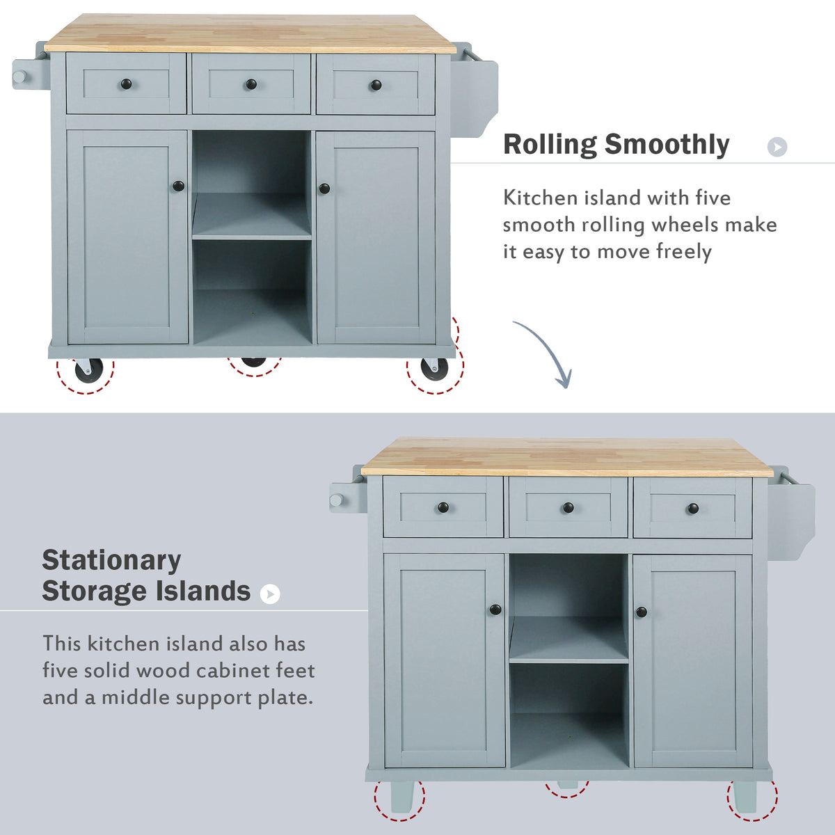 variant-group:rf-n707wf298028aan|Roomfitters Kitchen Cart with Rubber Wood Drop-Leaf Countertop, Cabinet Door Storage Racks, 5-Wheel Kitchen Island with Storage Cabinet & 3 Drawers, Blue