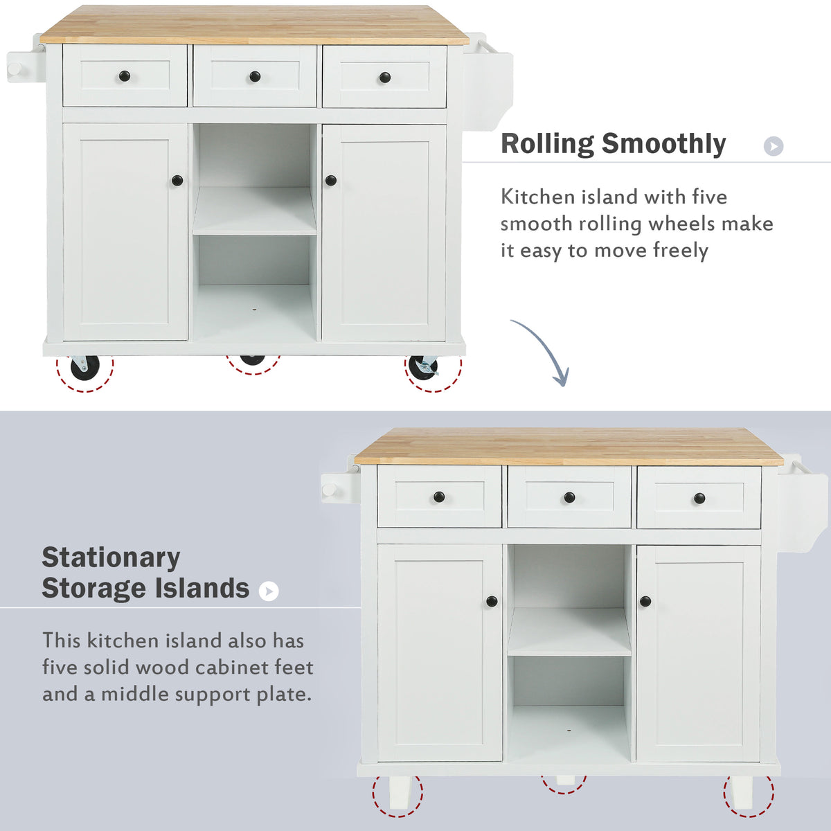 variant-group:rf-n707wf298028aaw|Roomfitters Kitchen Cart with Rubber Wood Drop-Leaf Countertop, Cabinet Door Storage Racks, 5-Wheel Kitchen Island with Storage Cabinet & 3 Drawers, White