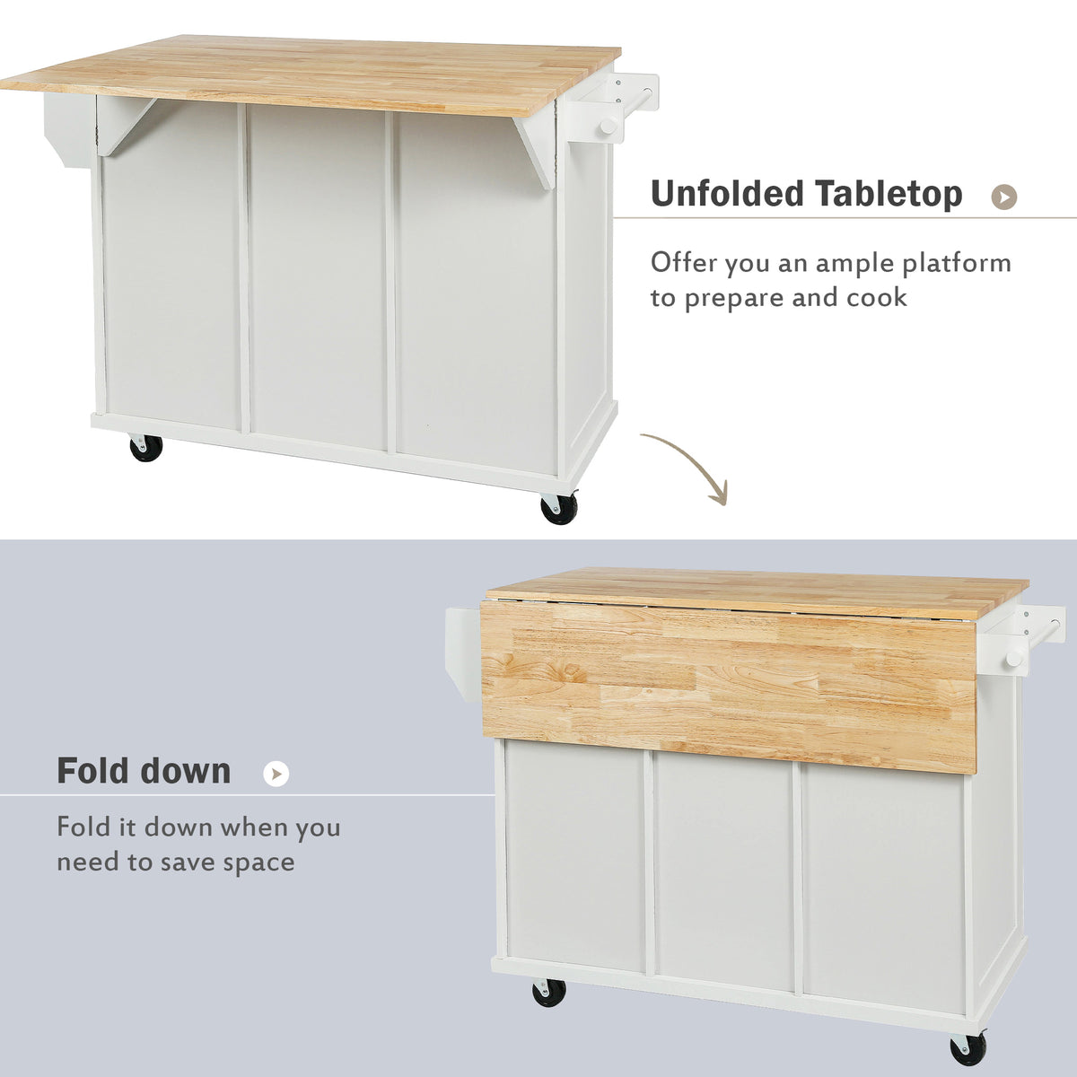variant-group:rf-n707wf298028aaw|Roomfitters Kitchen Cart with Rubber Wood Drop-Leaf Countertop, Cabinet Door Storage Racks, 5-Wheel Kitchen Island with Storage Cabinet & 3 Drawers, White