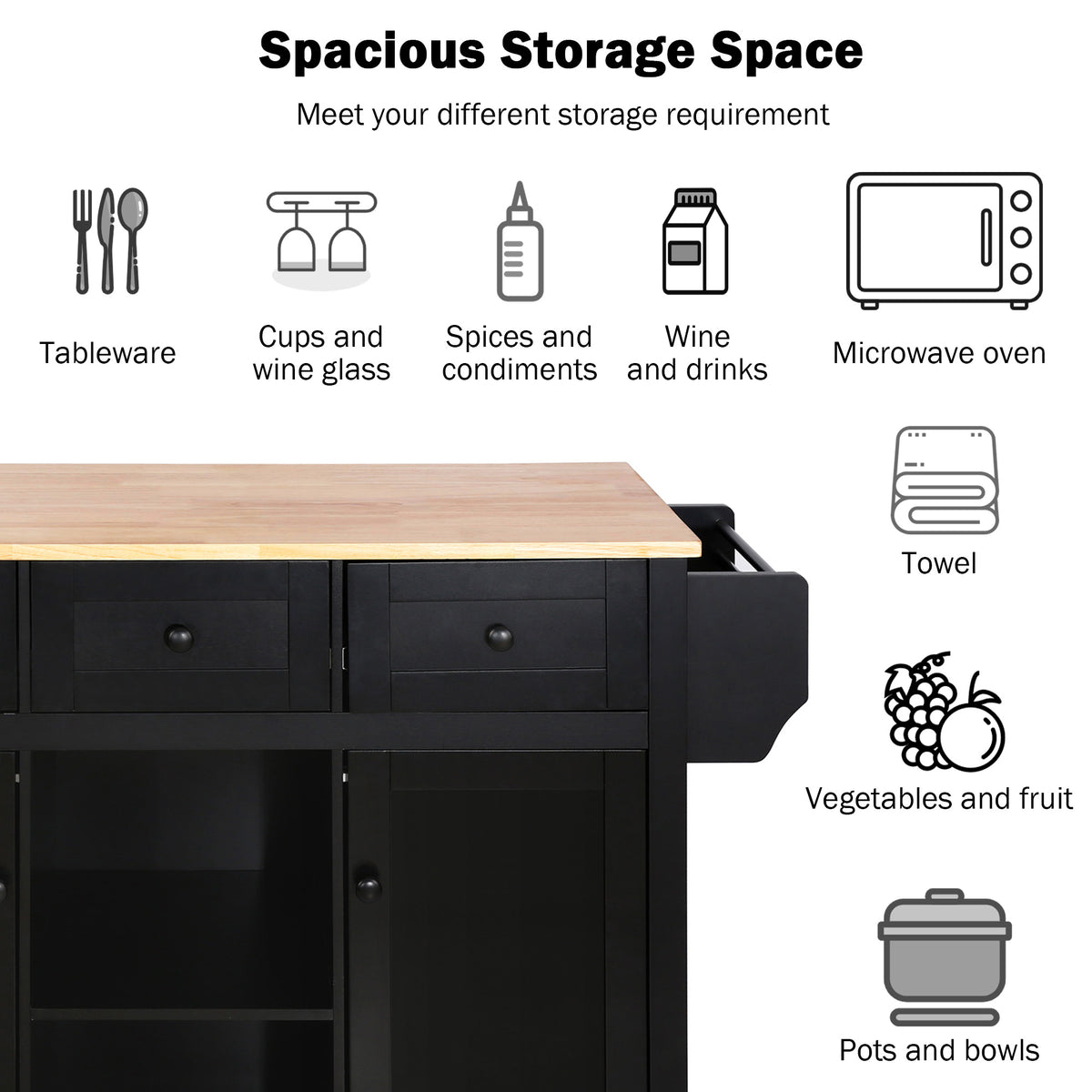 variant-group:rf-n707wf298028aab|Roomfitters Kitchen Cart with Rubber Wood Drop-Leaf Countertop, Cabinet Door Storage Racks, 5-Wheel Kitchen Island with Storage Cabinet & 3 Drawers, Black
