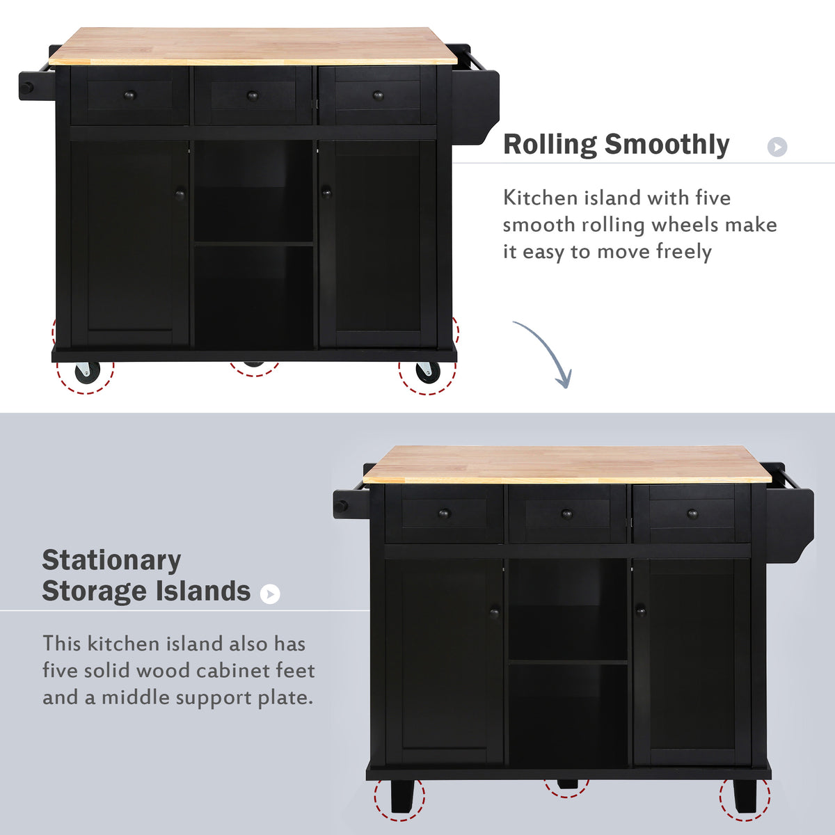 variant-group:rf-n707wf298028aab|Roomfitters Kitchen Cart with Rubber Wood Drop-Leaf Countertop, Cabinet Door Storage Racks, 5-Wheel Kitchen Island with Storage Cabinet & 3 Drawers, Black