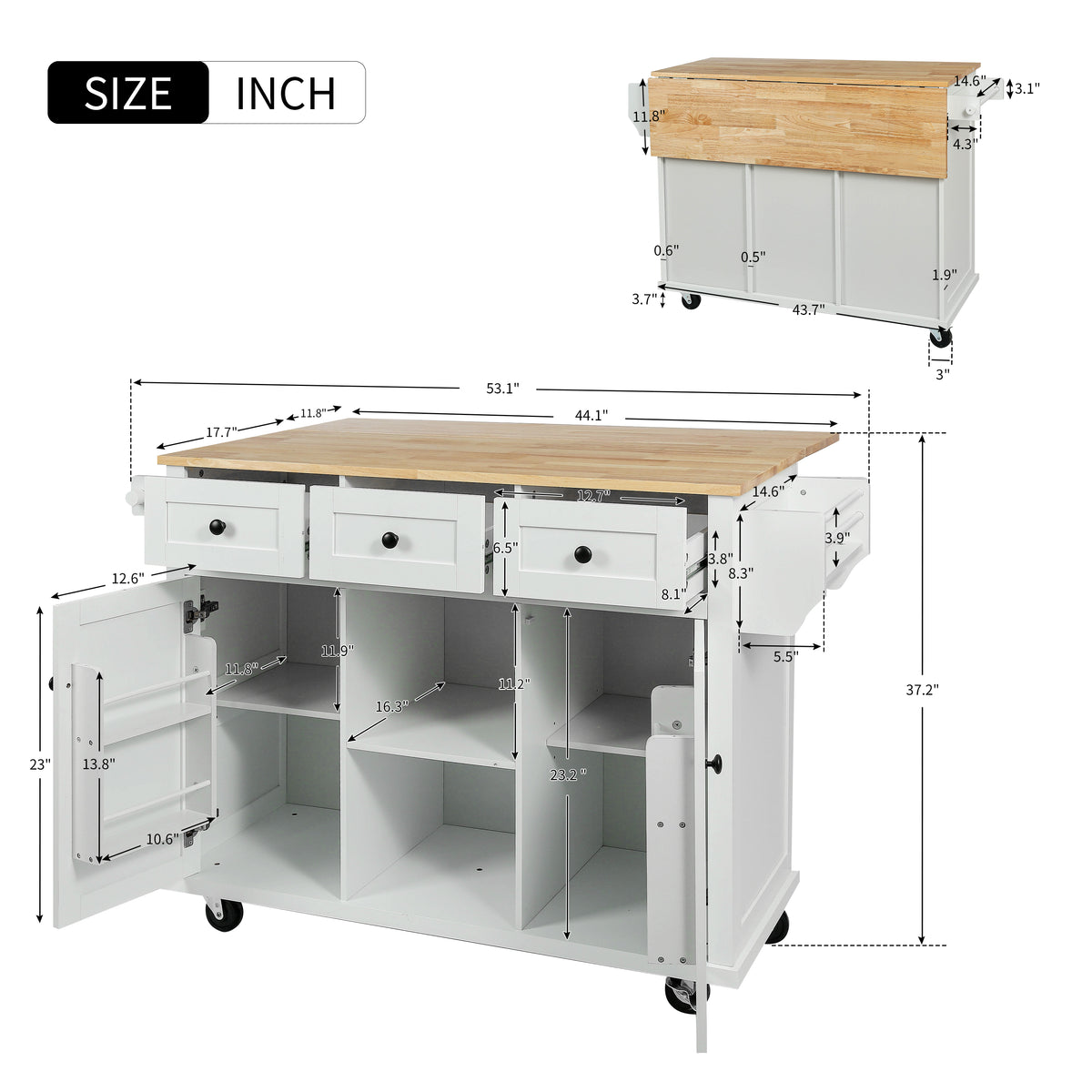 variant-group:rf-n707wf298028aaw|Roomfitters Kitchen Cart with Rubber Wood Drop-Leaf Countertop, Cabinet Door Storage Racks, 5-Wheel Kitchen Island with Storage Cabinet & 3 Drawers, White