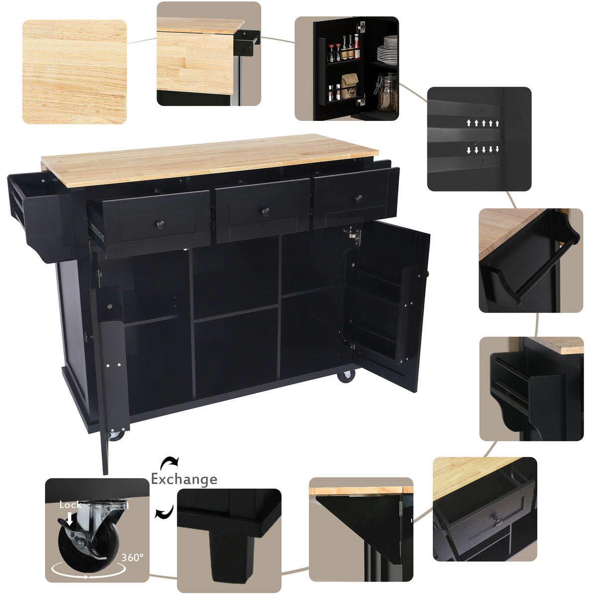 variant-group:rf-n707wf298028aab|Roomfitters Kitchen Cart with Rubber Wood Drop-Leaf Countertop, Cabinet Door Storage Racks, 5-Wheel Kitchen Island with Storage Cabinet & 3 Drawers, Black