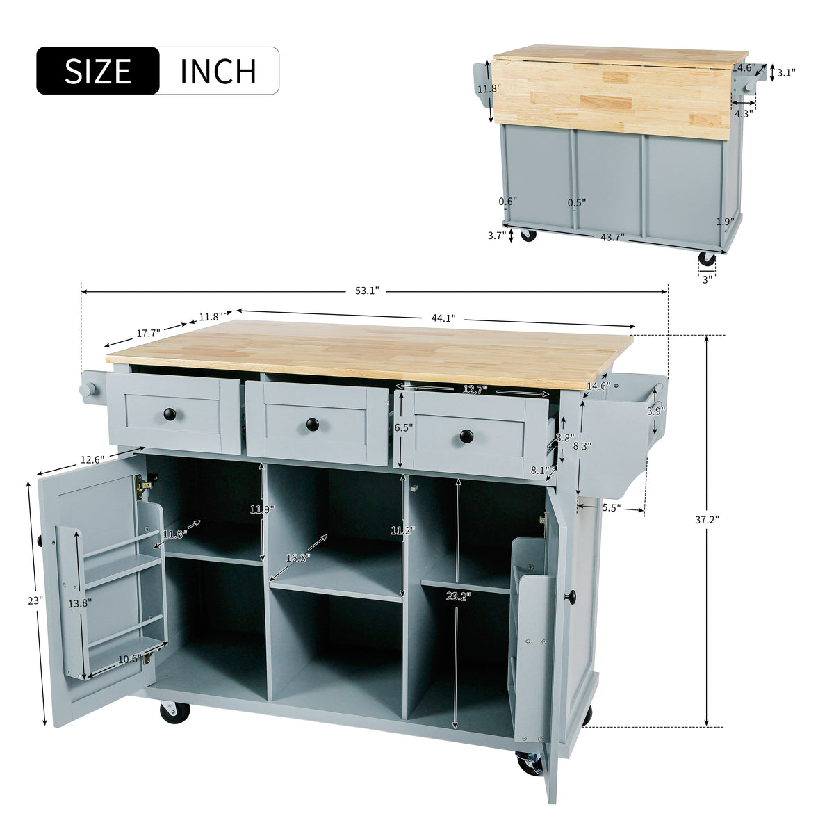 variant-group:rf-n707wf298028aan|Roomfitters Kitchen Cart with Rubber Wood Drop-Leaf Countertop, Cabinet Door Storage Racks, 5-Wheel Kitchen Island with Storage Cabinet & 3 Drawers, Blue