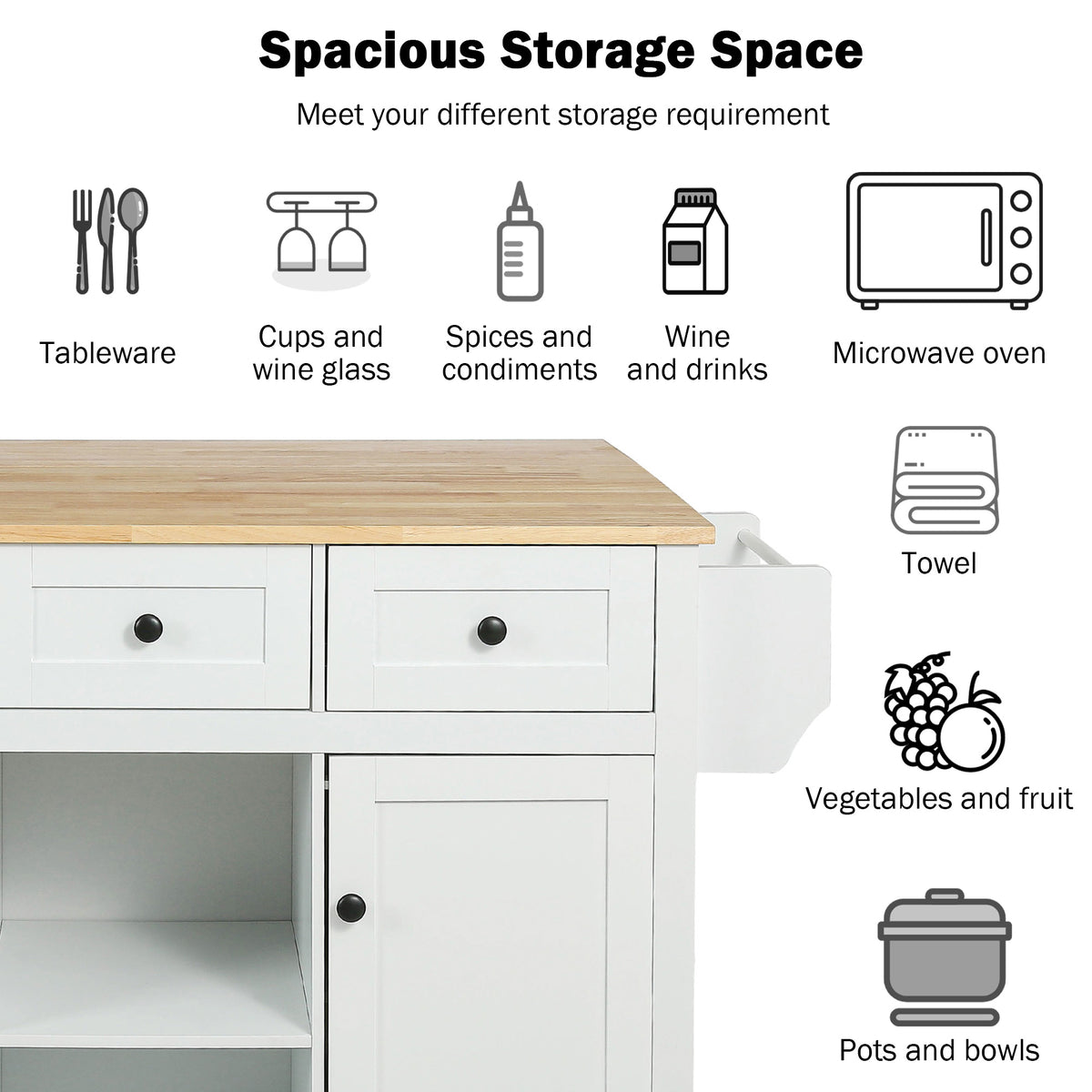 variant-group:rf-n707wf298028aaw|Roomfitters Kitchen Cart with Rubber Wood Drop-Leaf Countertop, Cabinet Door Storage Racks, 5-Wheel Kitchen Island with Storage Cabinet & 3 Drawers, White