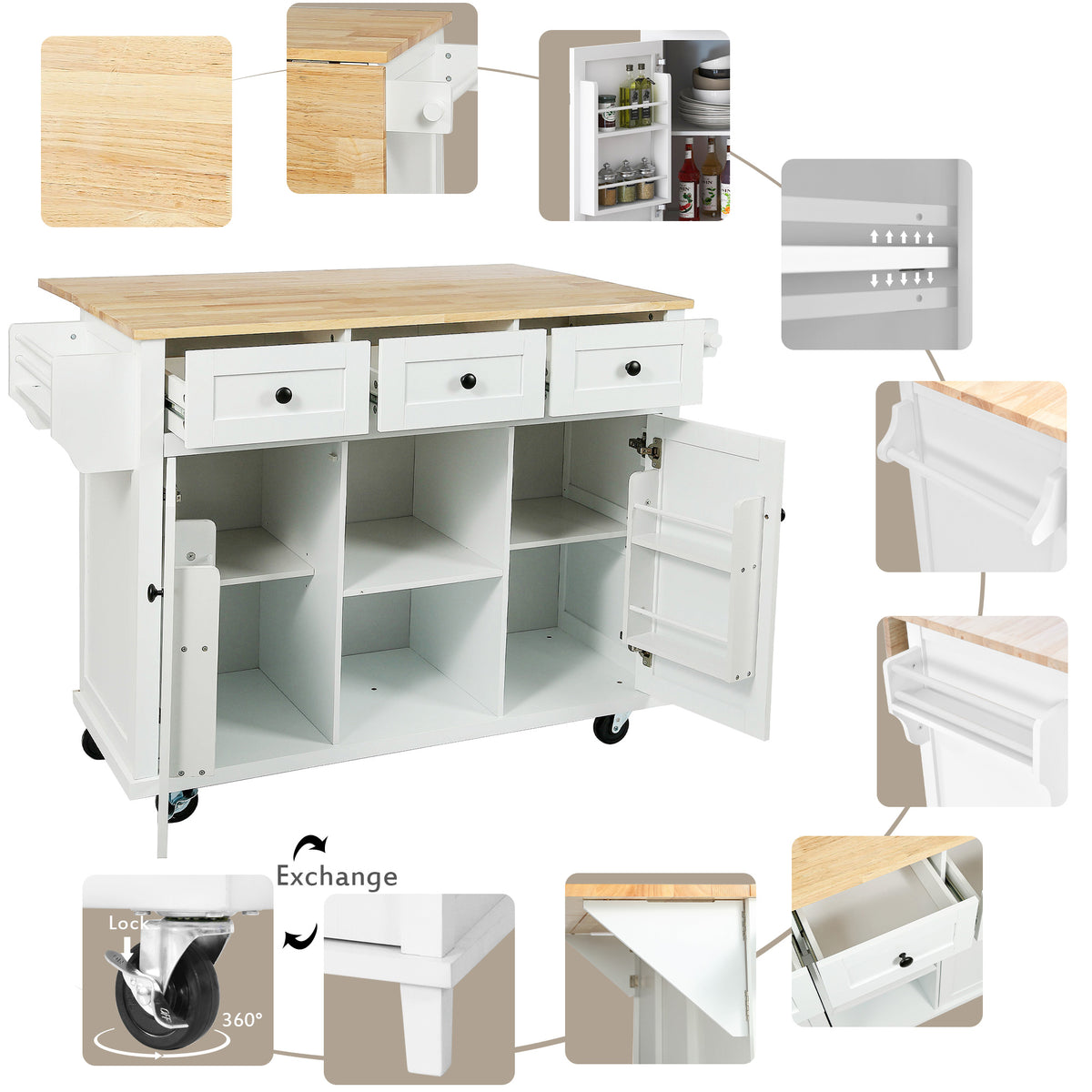 variant-group:rf-n707wf298028aaw|Roomfitters Kitchen Cart with Rubber Wood Drop-Leaf Countertop, Cabinet Door Storage Racks, 5-Wheel Kitchen Island with Storage Cabinet & 3 Drawers, White