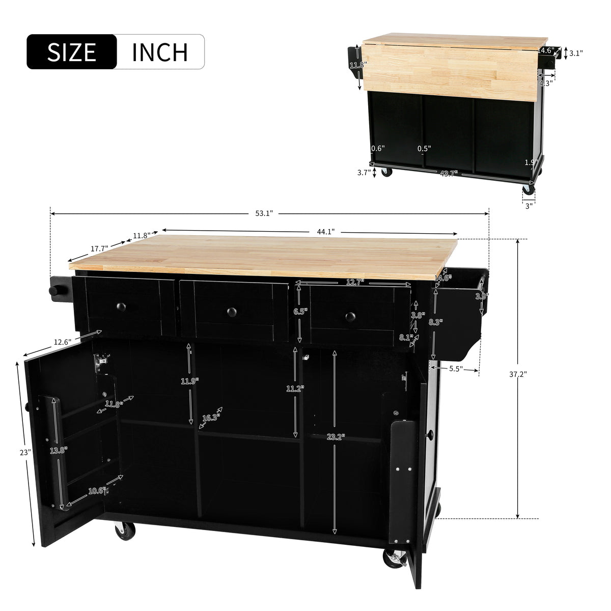 variant-group:rf-n707wf298028aab|Roomfitters Kitchen Cart with Rubber Wood Drop-Leaf Countertop, Cabinet Door Storage Racks, 5-Wheel Kitchen Island with Storage Cabinet & 3 Drawers, Black
