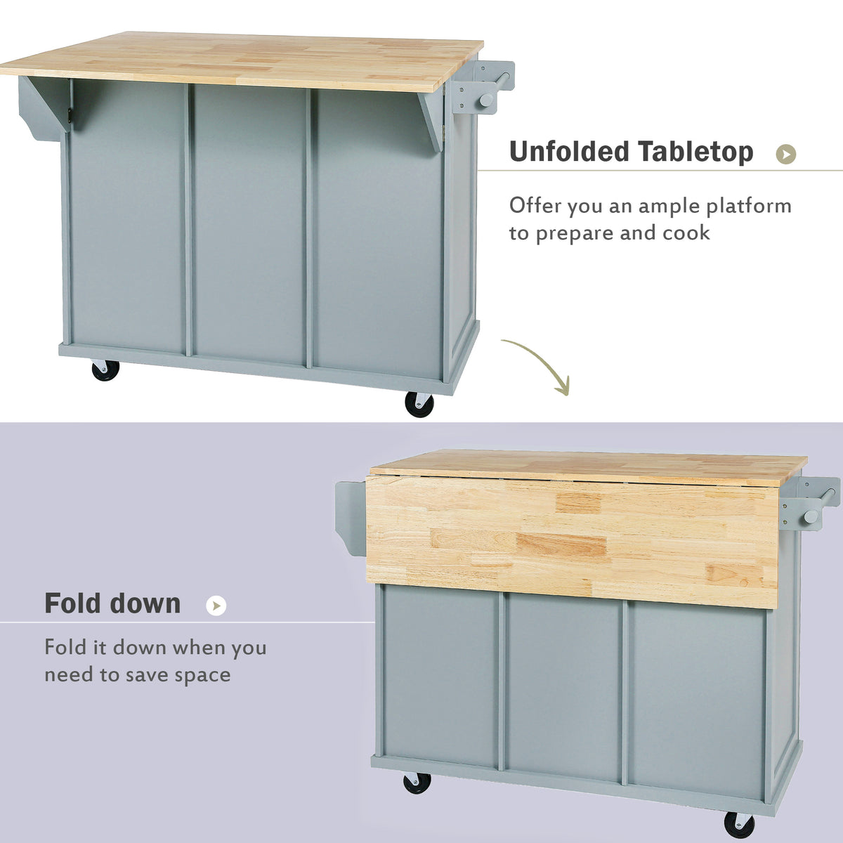 variant-group:rf-n707wf298028aan|Roomfitters Kitchen Cart with Rubber Wood Drop-Leaf Countertop, Cabinet Door Storage Racks, 5-Wheel Kitchen Island with Storage Cabinet & 3 Drawers, Blue