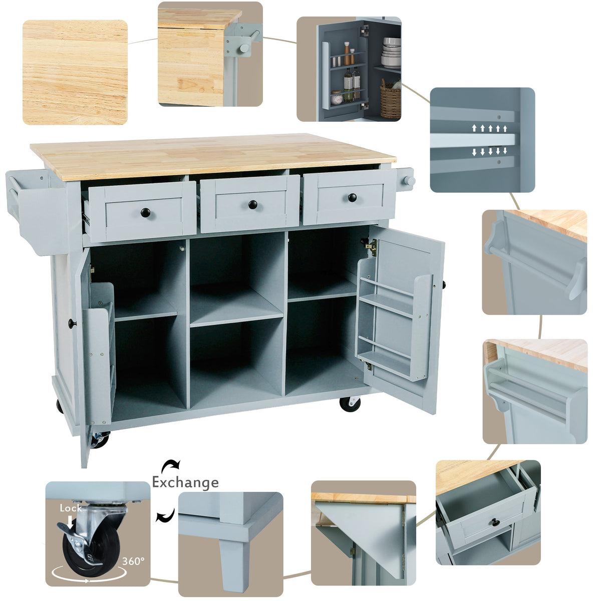variant-group:rf-n707wf298028aan|Roomfitters Kitchen Cart with Rubber Wood Drop-Leaf Countertop, Cabinet Door Storage Racks, 5-Wheel Kitchen Island with Storage Cabinet & 3 Drawers, Blue