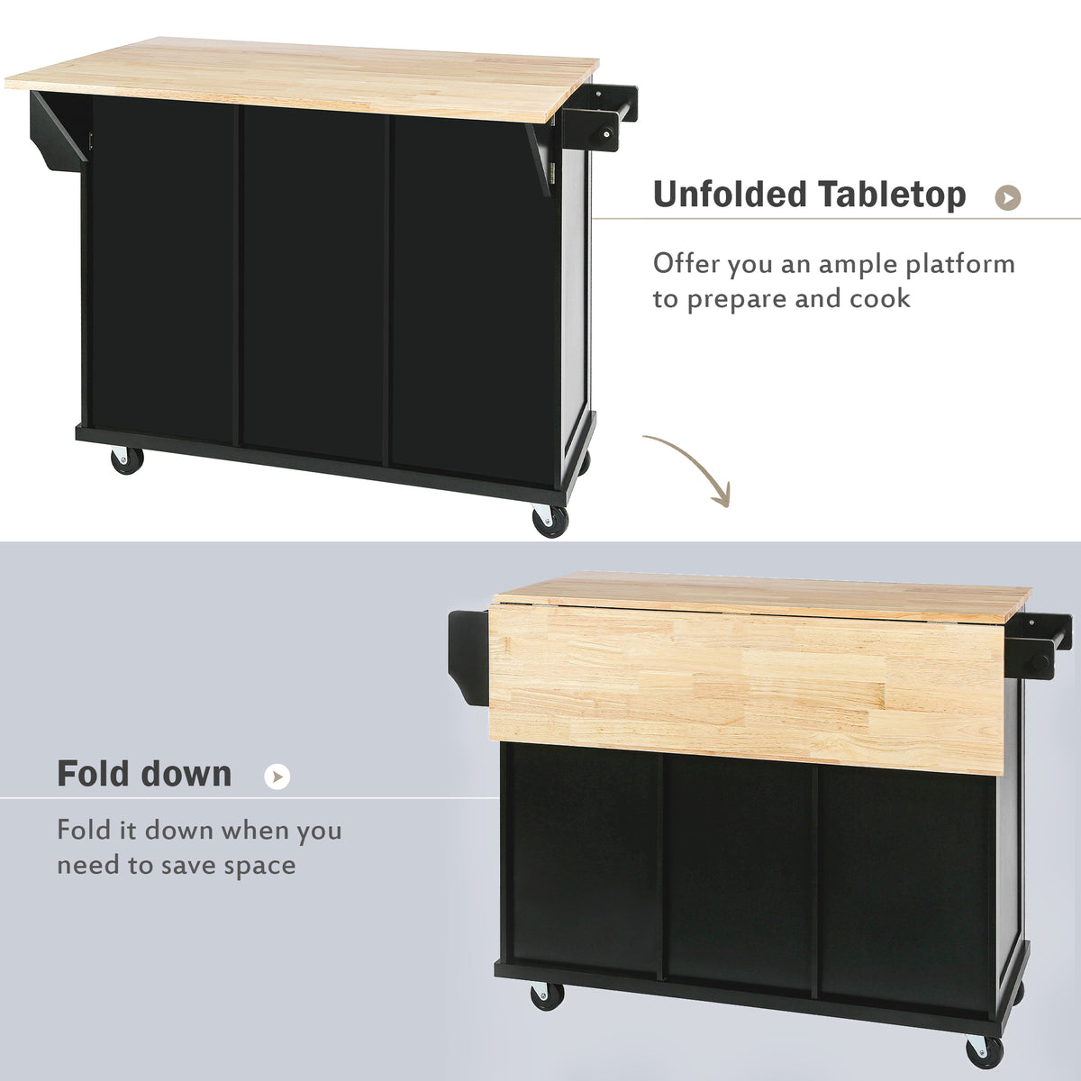 variant-group:rf-n707wf298028aab|Roomfitters Kitchen Cart with Rubber Wood Drop-Leaf Countertop, Cabinet Door Storage Racks, 5-Wheel Kitchen Island with Storage Cabinet & 3 Drawers, Black