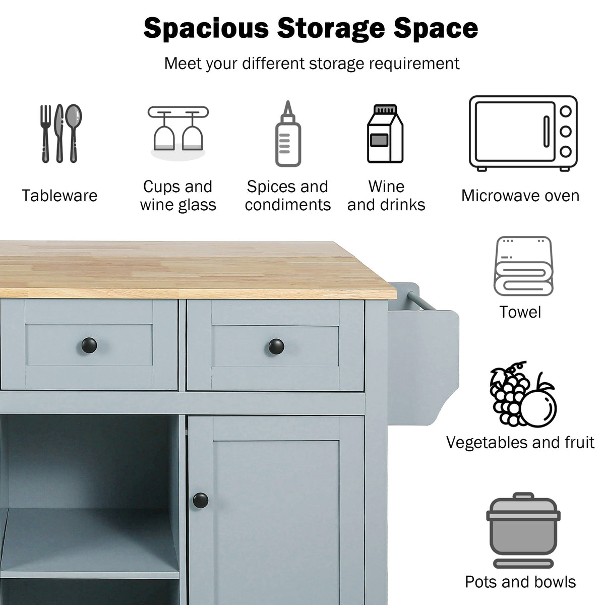 variant-group:rf-n707wf298028aan|Roomfitters Kitchen Cart with Rubber Wood Drop-Leaf Countertop, Cabinet Door Storage Racks, 5-Wheel Kitchen Island with Storage Cabinet & 3 Drawers, Blue