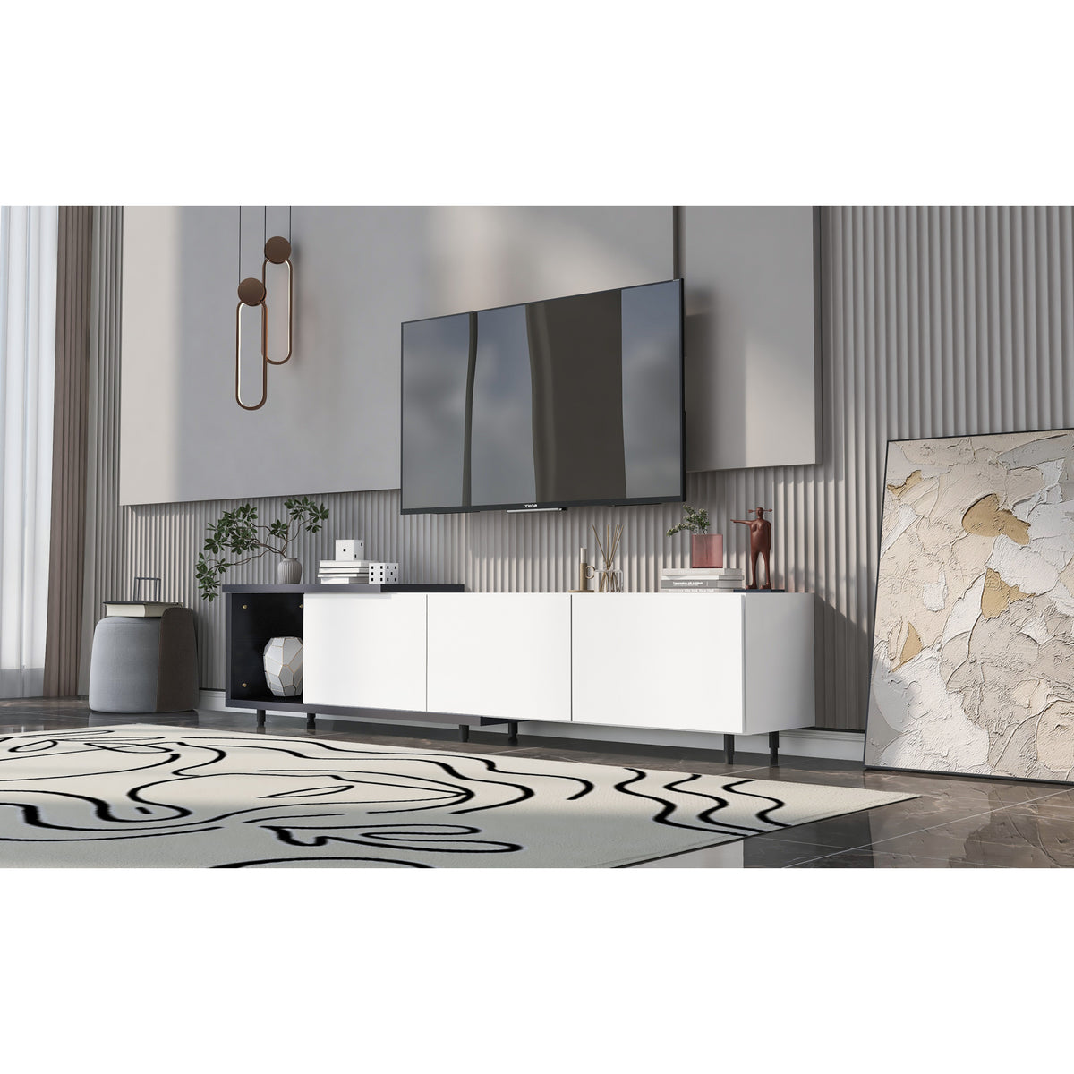 variant-group:rf-n724p205796b|Roomfitters Extendable TV Stand for 80 Inch TV and Above, Modern Cabinet with Open Storage and Sleek Design, White