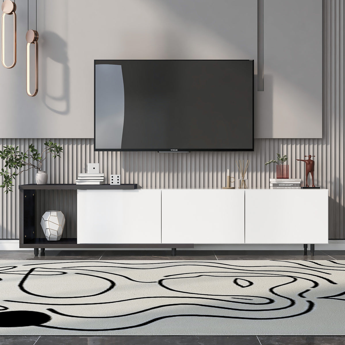 variant-group:rf-n724p205796b|Roomfitters Extendable TV Stand for 80 Inch TV and Above, Modern Cabinet with Open Storage and Sleek Design, White