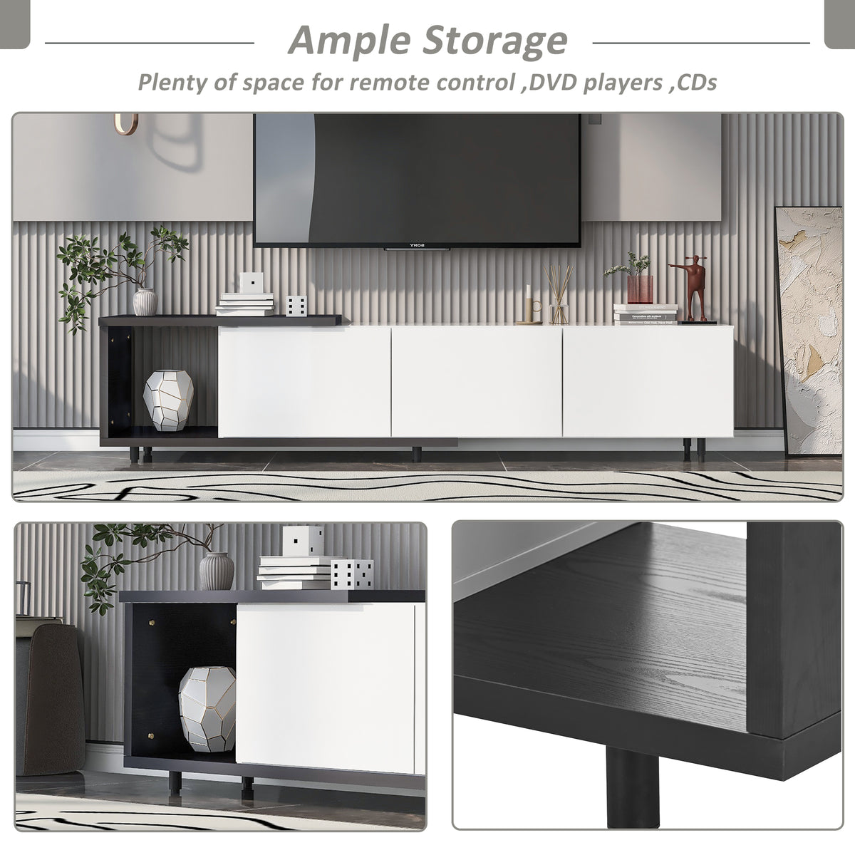 variant-group:rf-n724p205796b|Roomfitters Extendable TV Stand for 80 Inch TV and Above, Modern Cabinet with Open Storage and Sleek Design, White