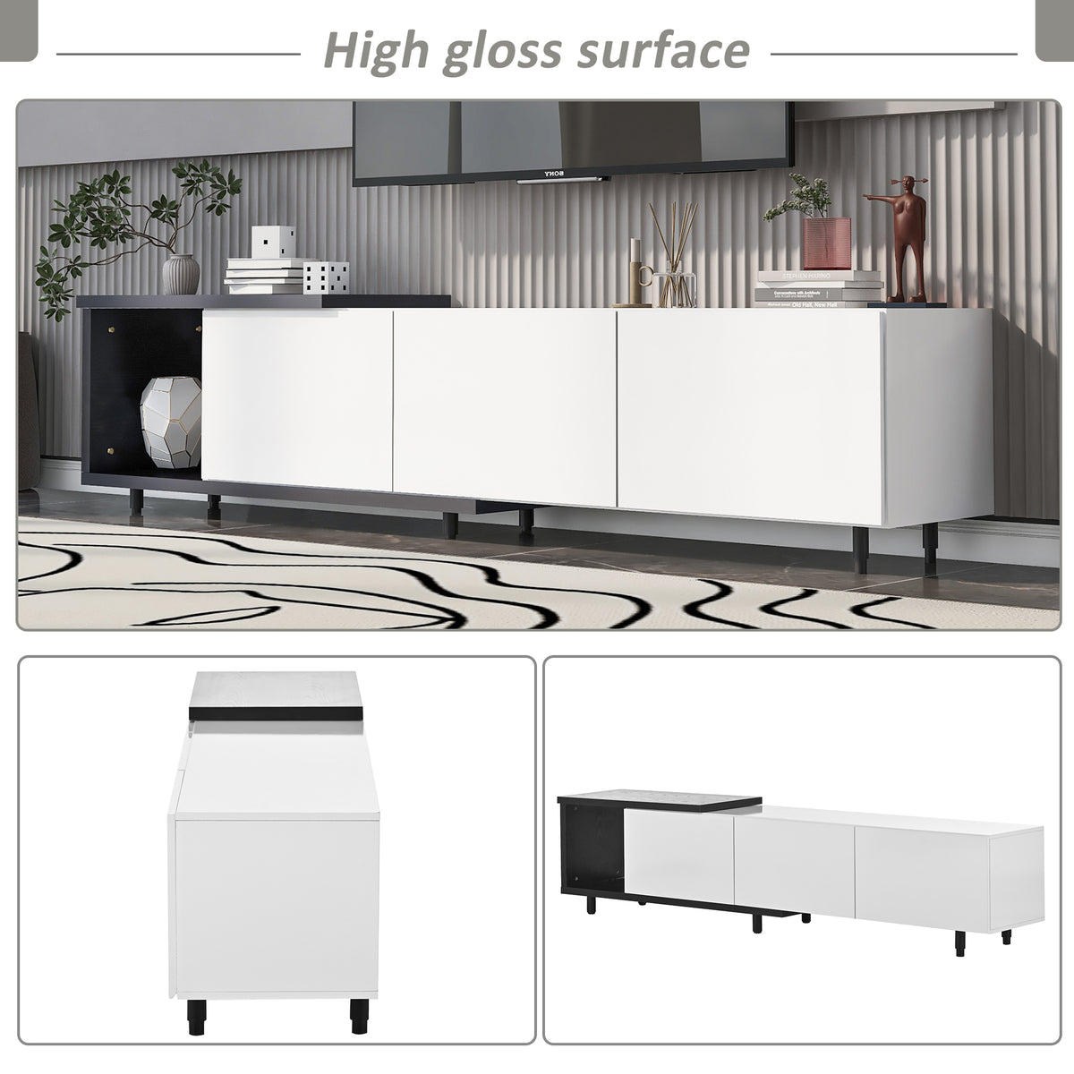 variant-group:rf-n724p205796b|Roomfitters Extendable TV Stand for 80 Inch TV and Above, Modern Cabinet with Open Storage and Sleek Design, White