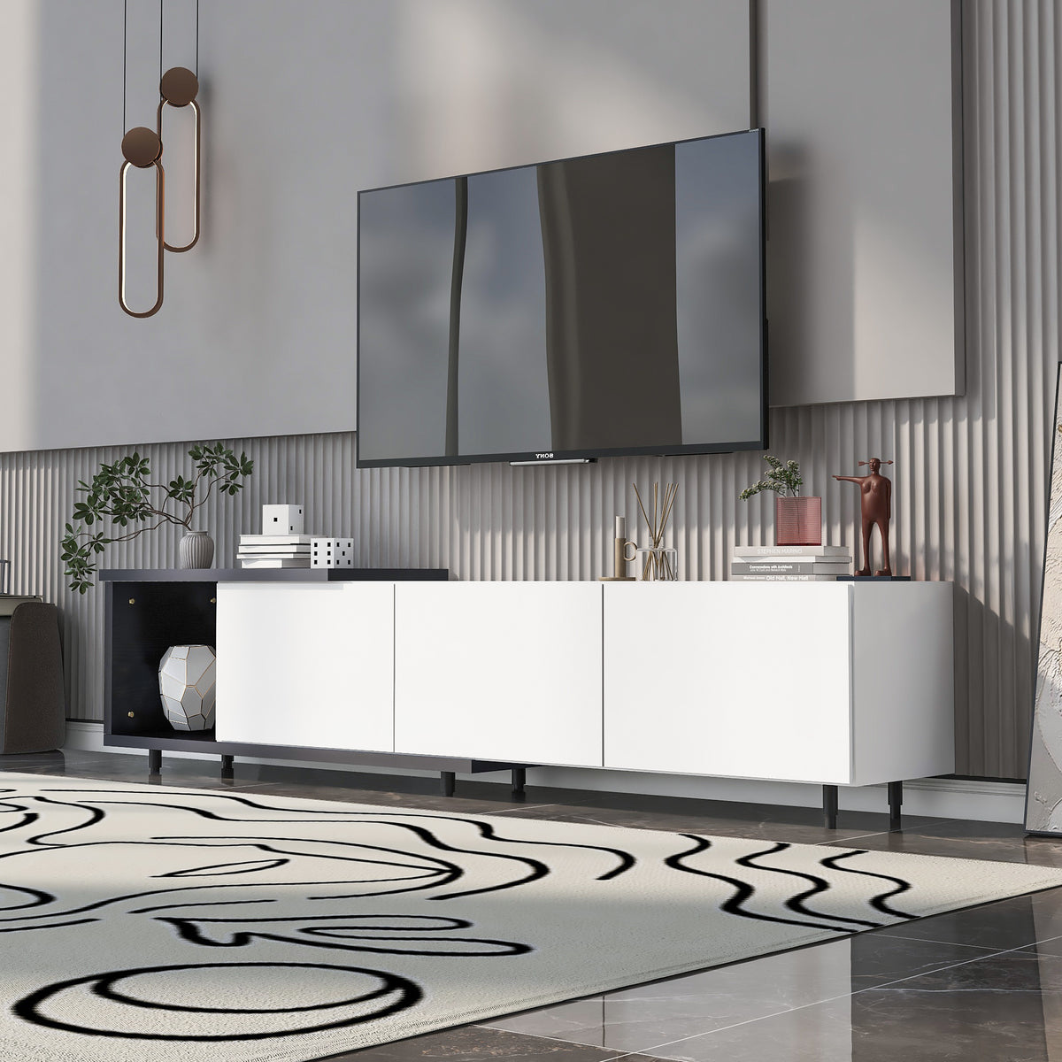 variant-group:rf-n724p205796b|Roomfitters Extendable TV Stand for 80 Inch TV and Above, Modern Cabinet with Open Storage and Sleek Design, White