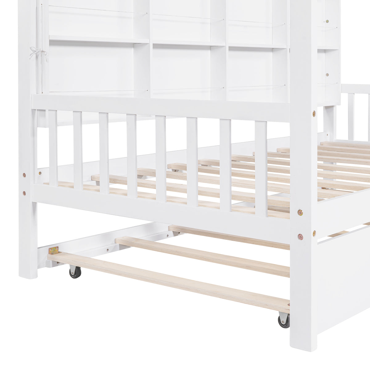 variant-group:rf-n733p326485k|Roomfitters Wooden Twin Size House Bed with Trundle and Storage Shelf, White
